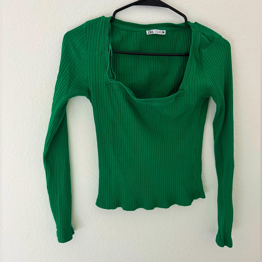 zara green ribbed shirt